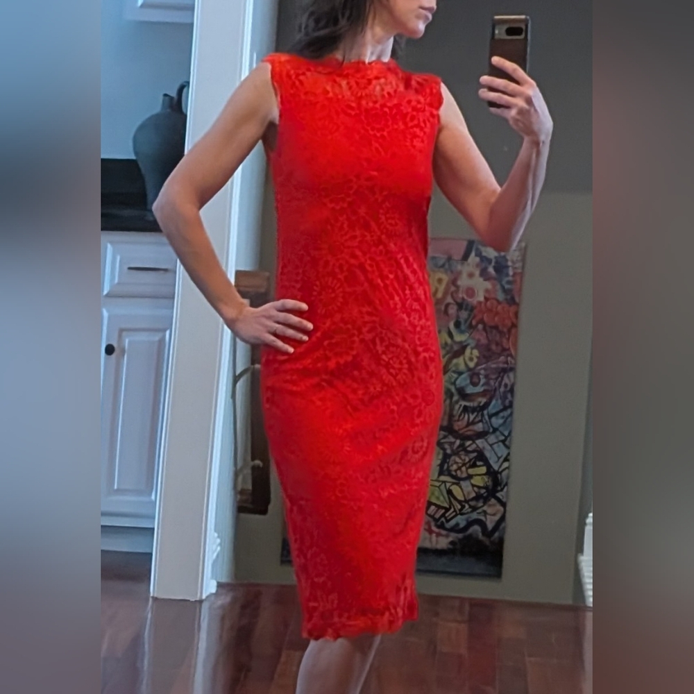 Red stretchy lace cocktail dress